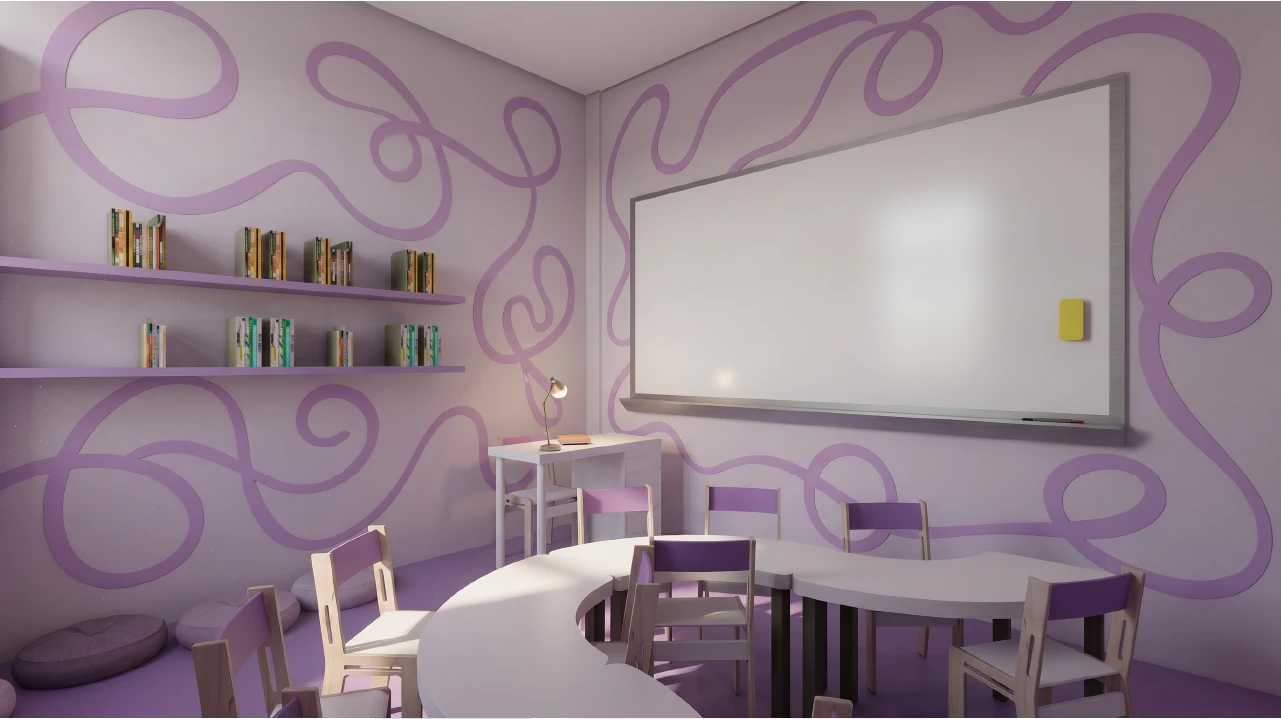Vue complète de la salle lilas avec table arrondie, petites chaises, livres et tableau.