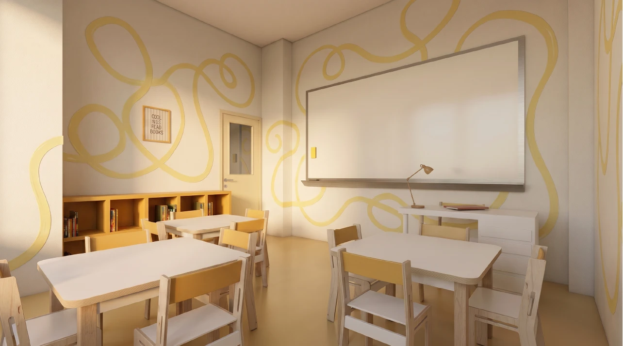Vue de la salle aux rubans jaunes, avec ses tables en bois clair, sa bibliothèque et son grand tableau.